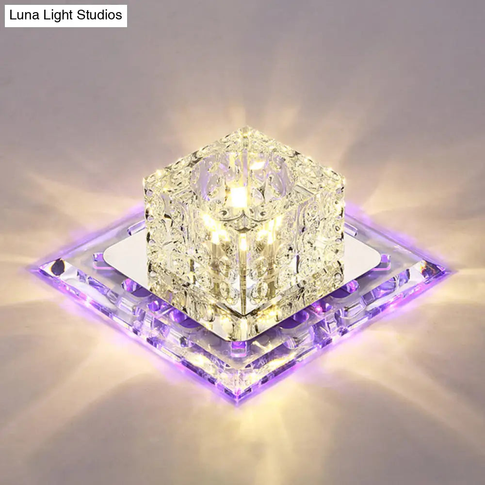 Simplicity Square Led Crystal Flush Mount Ceiling Light - Clear For Entryways / 7 Purple