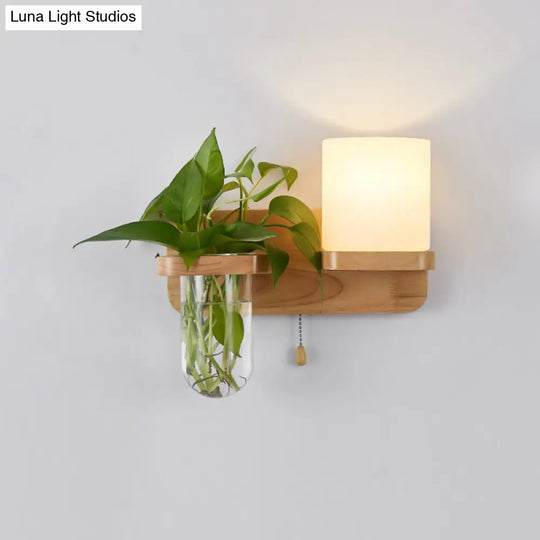 Simplicity White Glass Geometric Wall Sconce With Pull Chain - Single Corridor Light Wood Mounted