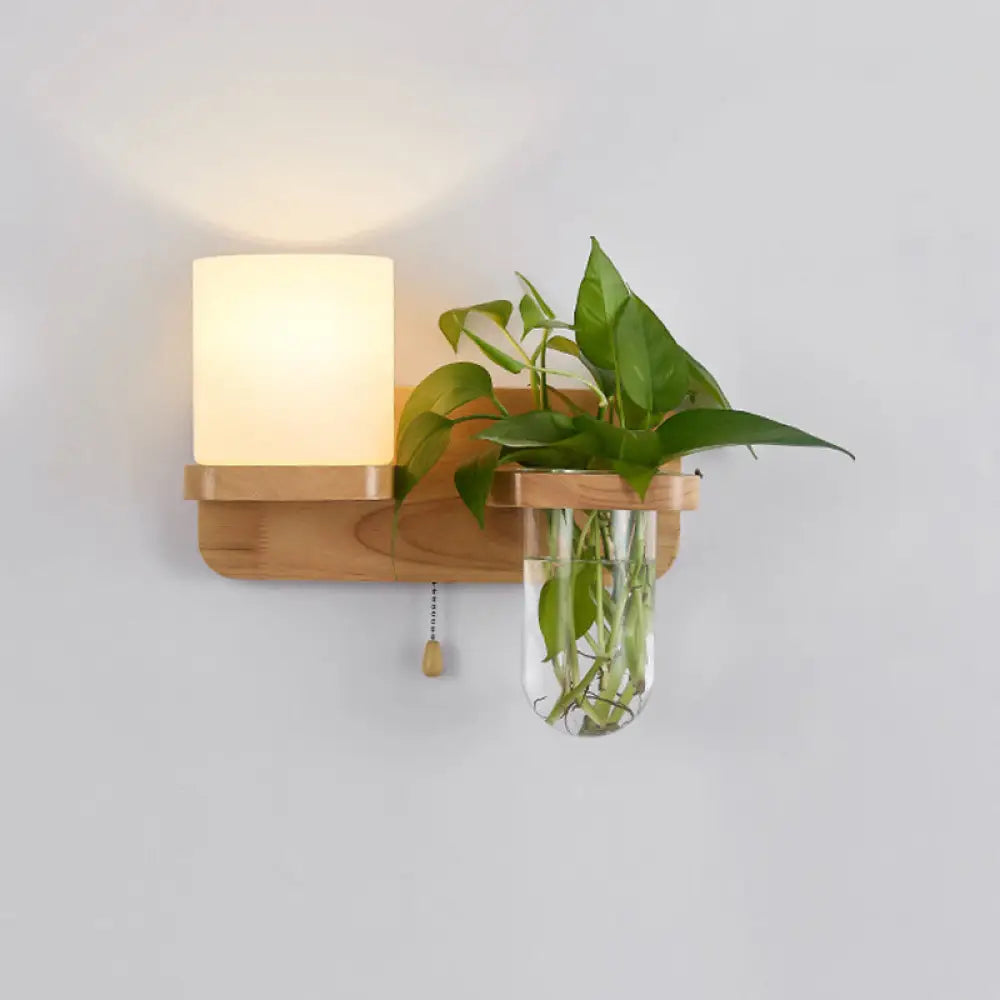 Simplicity White Glass Geometric Wall Sconce With Pull Chain - Single Corridor Light Wood Mounted /