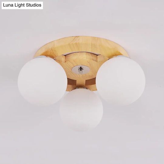 Simplicity White Glass Globe Flush Mount Ceiling Light With Wooden Canopy