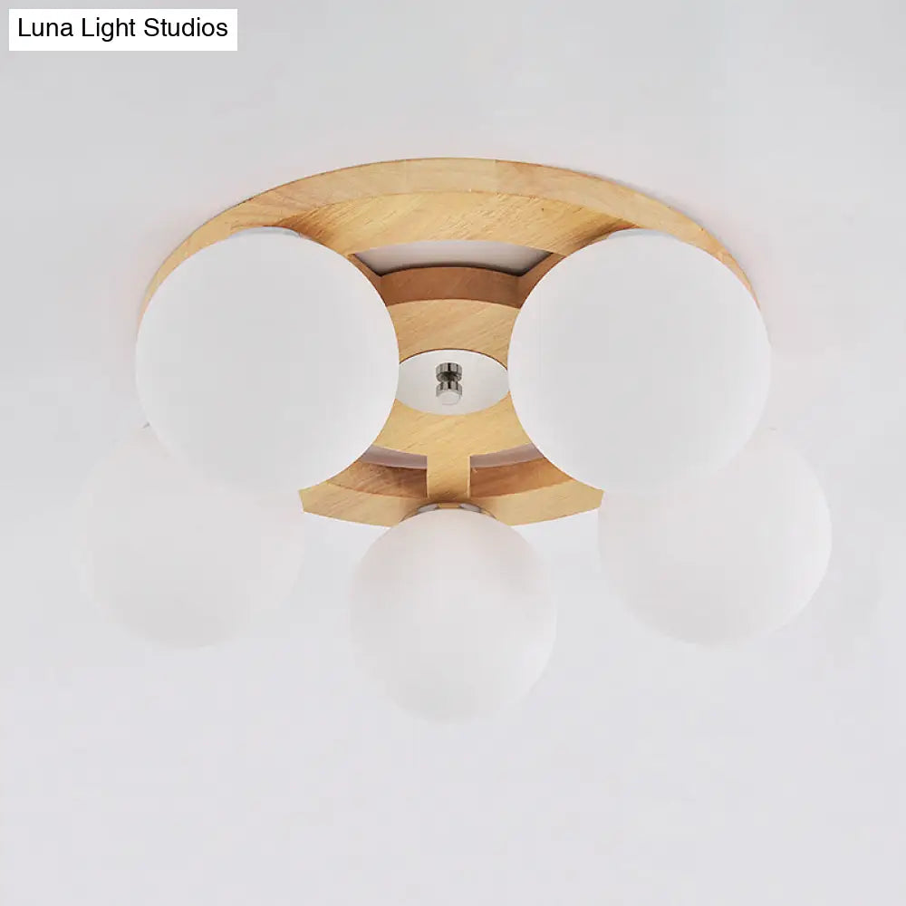 Simplicity White Glass Globe Flush Mount Ceiling Light With Wooden Canopy