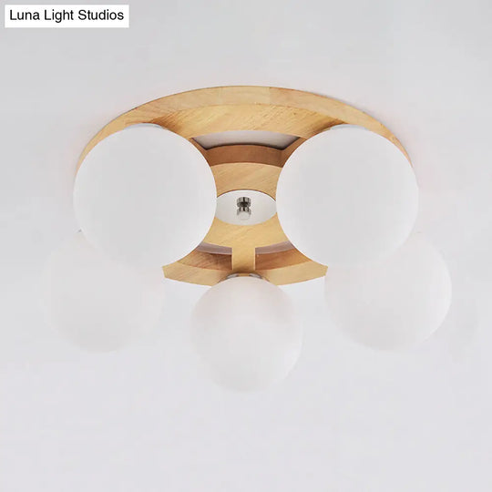 Simplicity White Glass Globe Flush Mount Ceiling Light With Wooden Canopy