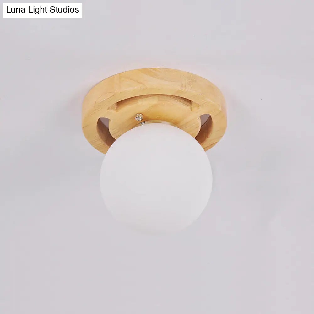 Simplicity White Glass Globe Flush Mount Ceiling Light With Wooden Canopy