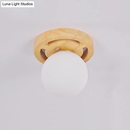 Simplicity White Glass Globe Flush Mount Ceiling Light With Wooden Canopy