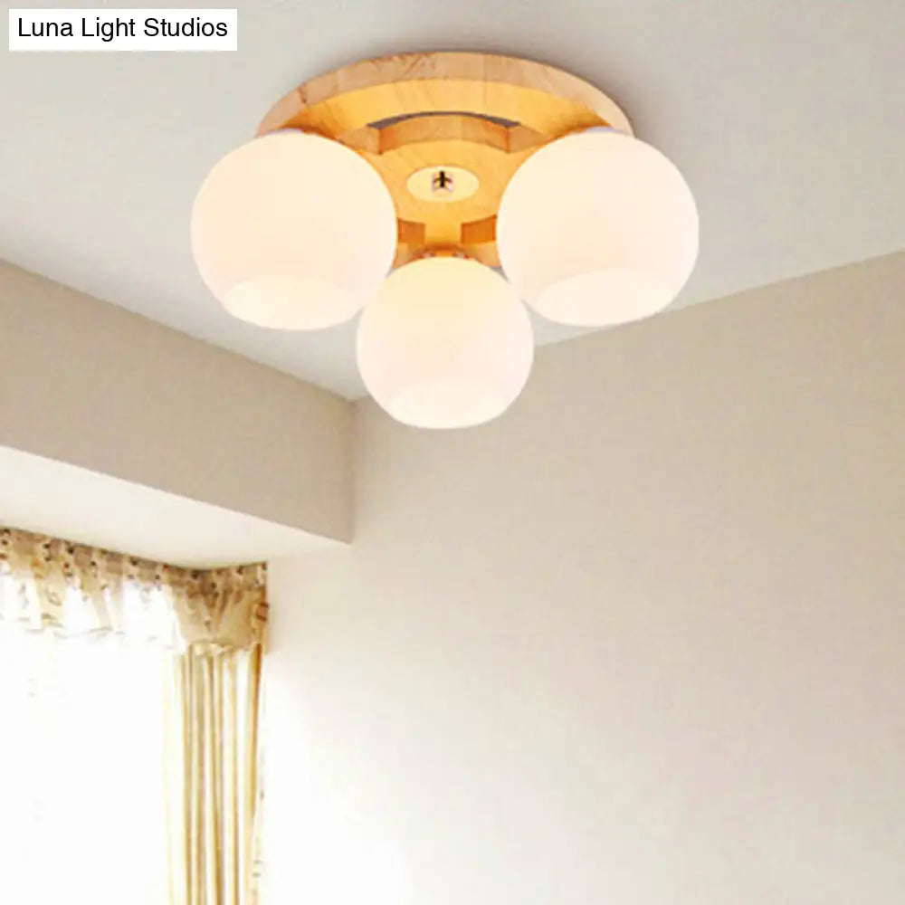 Simplicity White Glass Globe Flush Mount Ceiling Light With Wooden Canopy