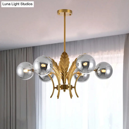 Simplicity White/Pink/Cognac Glass Led Ceiling Light: 6-Bulb Sphere Chandelier With Leaf Decor