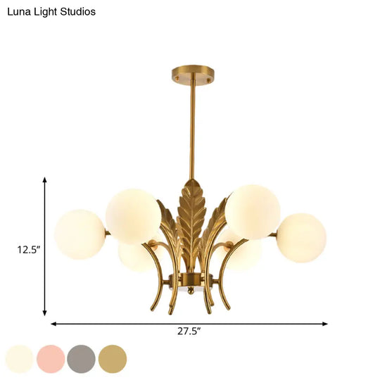 Simplicity White/Pink/Cognac Glass Led Ceiling Light: 6-Bulb Sphere Chandelier With Leaf Decor