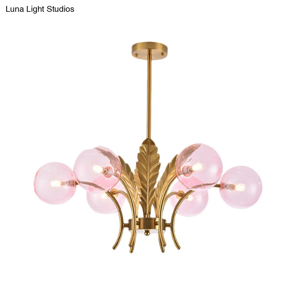 Simplicity White/Pink/Cognac Glass Led Ceiling Light: 6-Bulb Sphere Chandelier With Leaf Decor