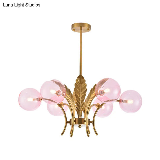 Simplicity White/Pink/Cognac Glass Led Ceiling Light: 6-Bulb Sphere Chandelier With Leaf Decor