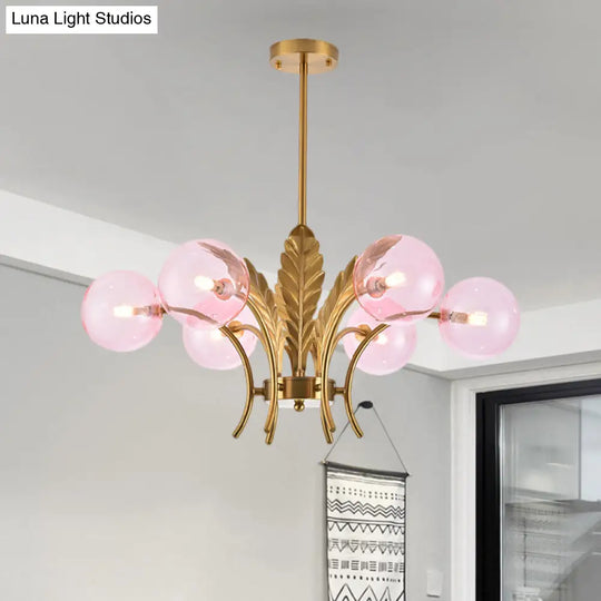 Simplicity White/Pink/Cognac Glass Led Ceiling Light: 6-Bulb Sphere Chandelier With Leaf Decor