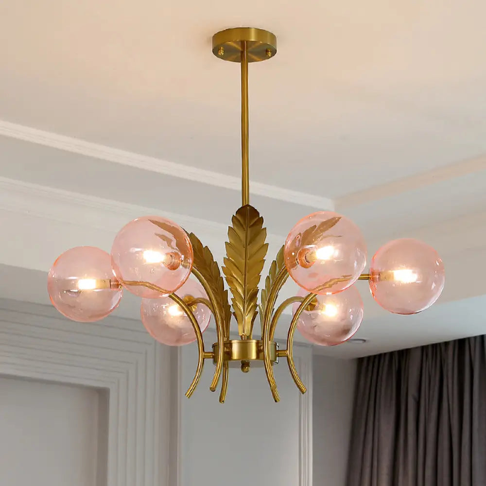 Simplicity White/Pink/Cognac Glass Led Ceiling Light: 6-Bulb Sphere Chandelier With Leaf Decor Pink