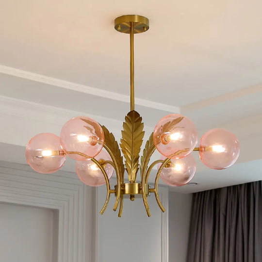 Simplicity White/Pink/Cognac Glass Led Ceiling Light: 6-Bulb Sphere Chandelier With Leaf Decor Pink