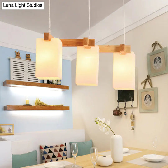 Simplicity Wood 3-Head Opaline Glass Rectangular Island Pendant Light