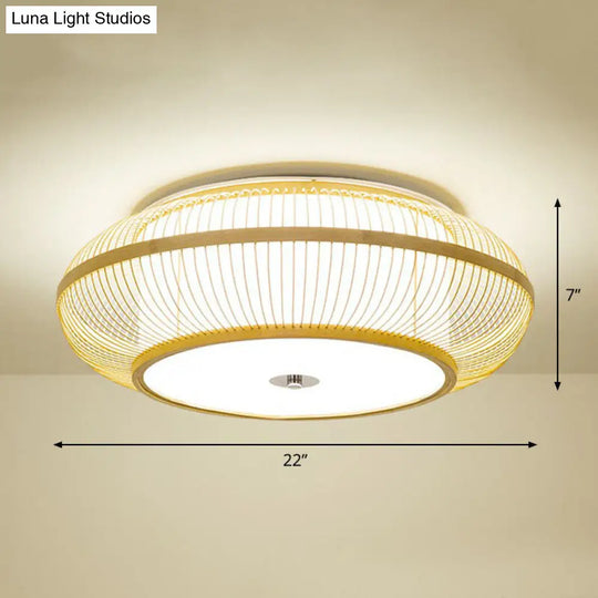 Simplicity Wood Flush Mount Bedroom Lighting - Bamboo 1-Light Lantern Ceiling Light / 22