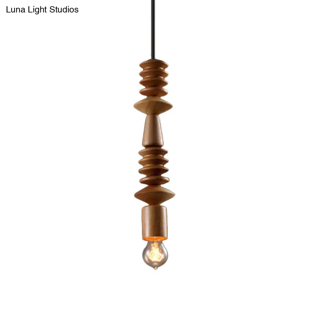 Simplicity Wood Baluster Pendant Ceiling Light With Exposed Bulb - Brown 1 Head Hanging Lamp Kit / D