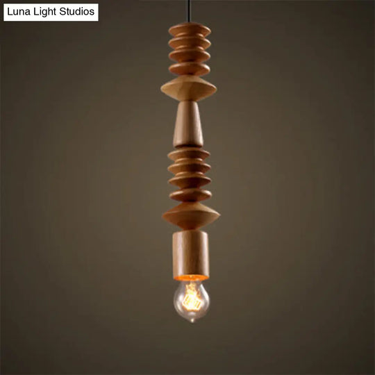 Simplicity Wood Baluster Pendant Ceiling Light With Exposed Bulb - Brown 1 Head Hanging Lamp Kit