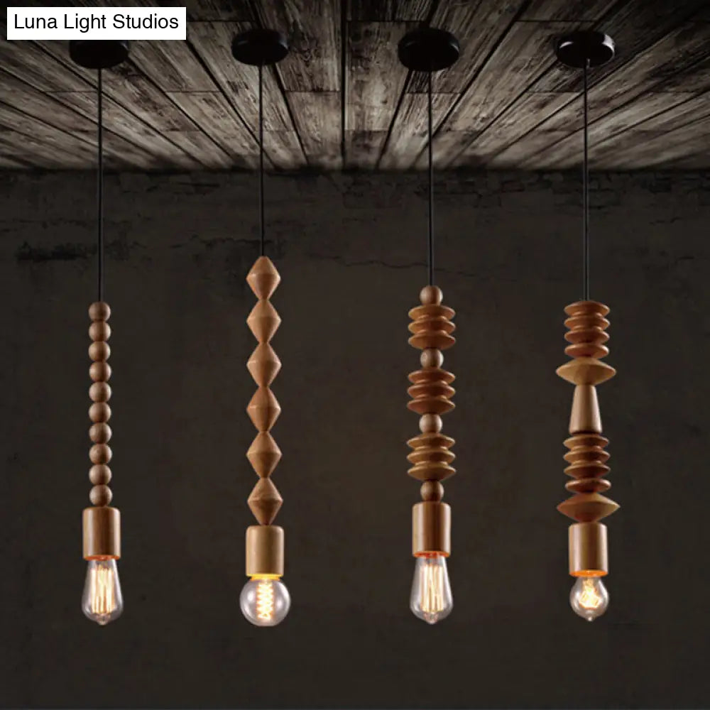 Simplicity Wood Baluster Pendant Ceiling Light With Exposed Bulb - Brown 1 Head Hanging Lamp Kit / B