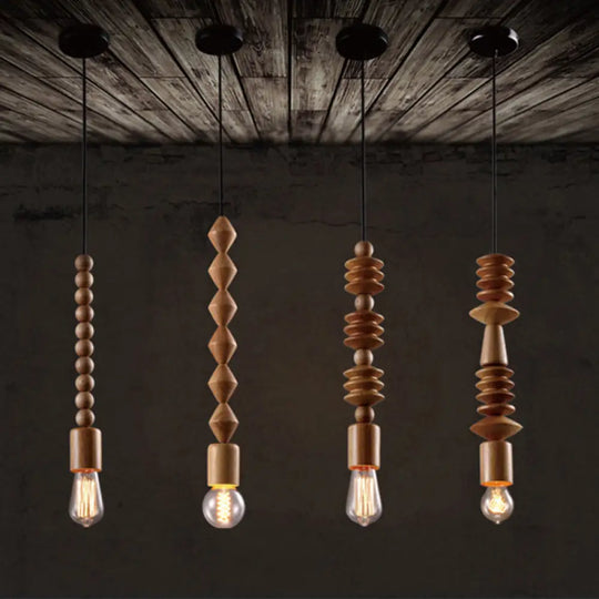 Simplicity Wood Pendant Light With Exposed Bulb - Brown Baluster Design / B