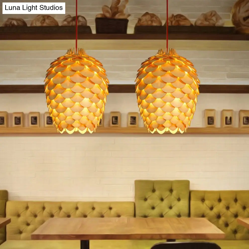 Simplicity Wood Pendant Light With Pinecone Shade For Tea Rooms