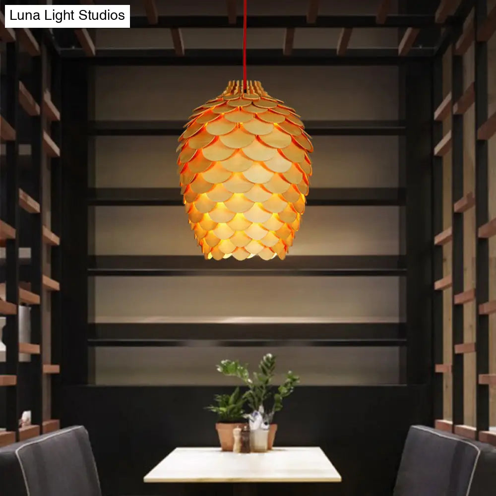 Simplicity Wood Pendant Light With Pinecone Shade For Tea Rooms