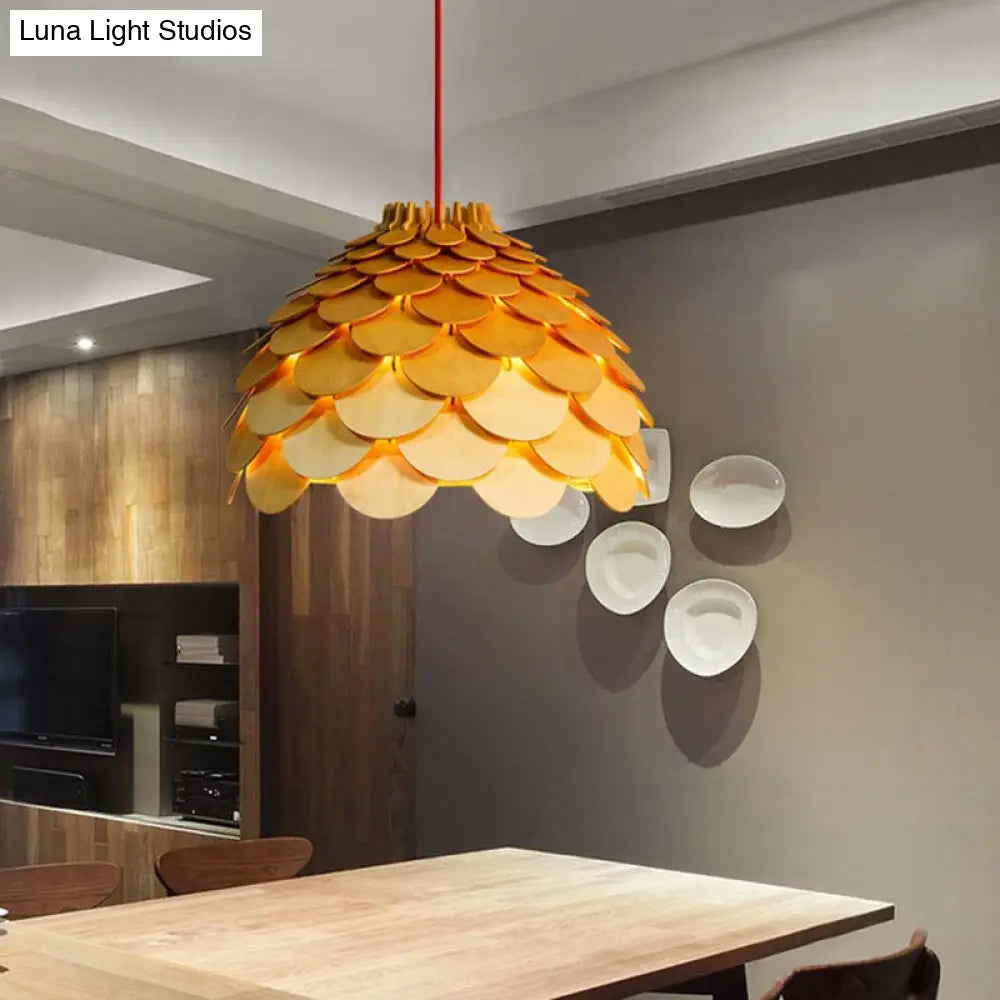 Simplicity Wood Pendant Light With Pinecone Shade For Tea Rooms