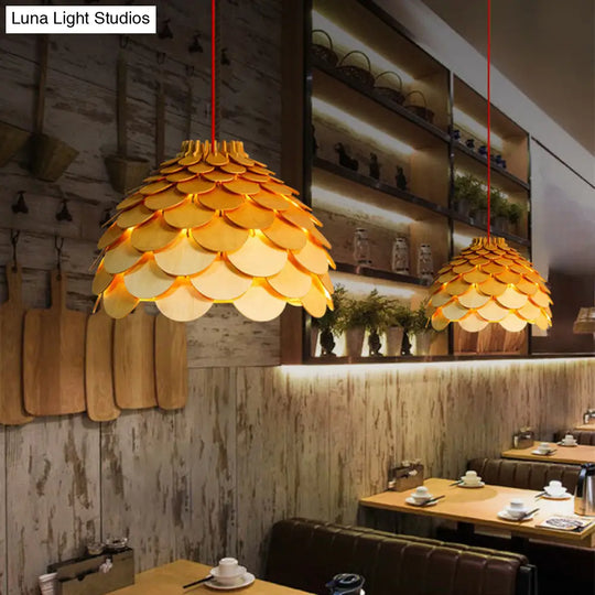 Simplicity Wood Pendant Light With Pinecone Shade For Tea Rooms