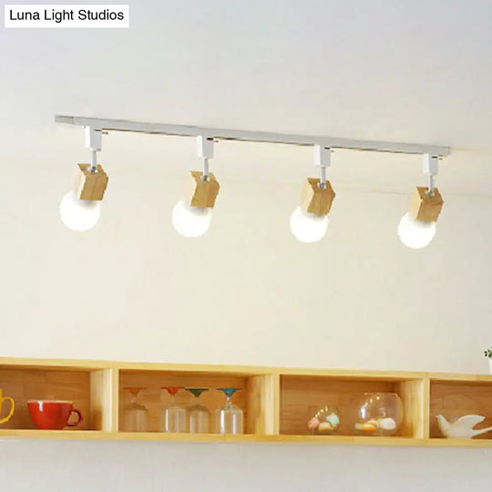 Simplicity Wooden 4-Light Exposed Bulb Track Ceiling Light In White - Ideal For Dining Room / Square
