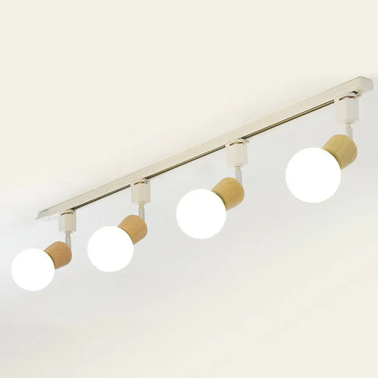 Simplicity Wooden 4 - Light Exposed Bulb Track Ceiling Light In White - Ideal For Dining Room / Oval