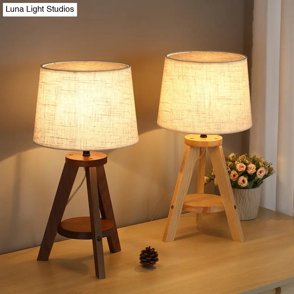 Simplistic Fabric Drum Table Lamp With Wooden Tripod Base For Bedroom Nightstand Lighting