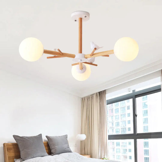 Simplistic Wood Pendant Light With Cream Glass Shade For Living Room Chandelier 3 /
