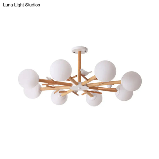 Simplistic Wood Pendant Light With Cream Glass Shade For Living Room Chandelier