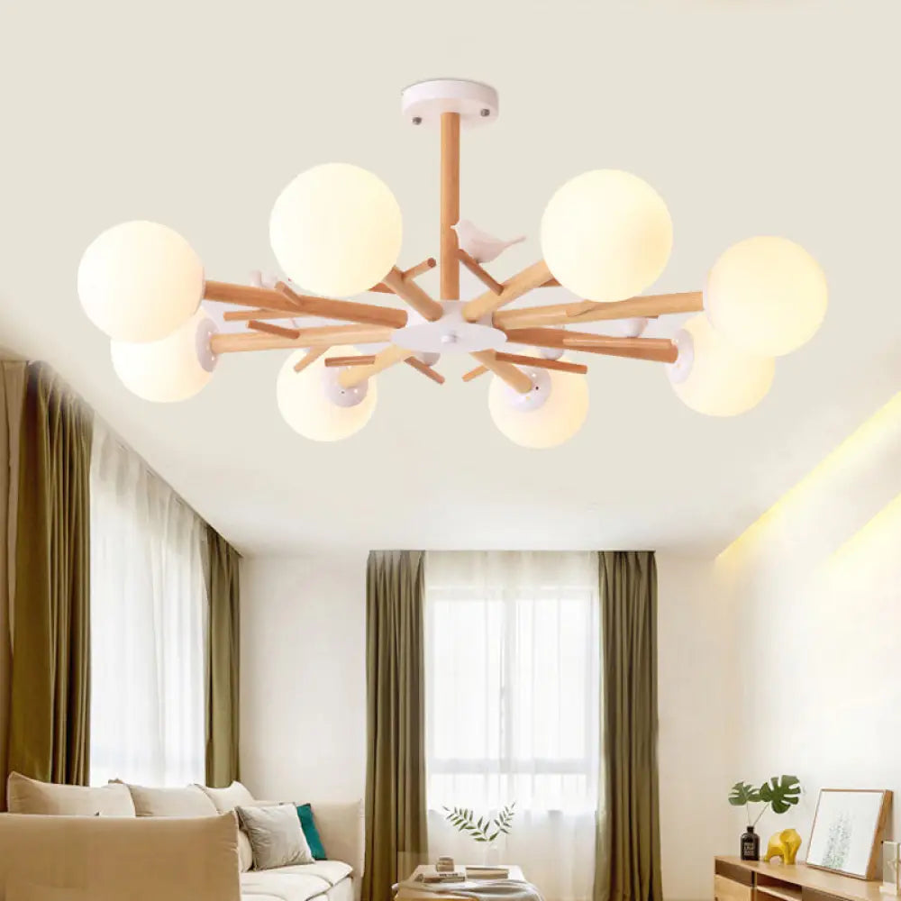 Simplistic Wood Pendant Light With Cream Glass Shade For Living Room Chandelier 8 /