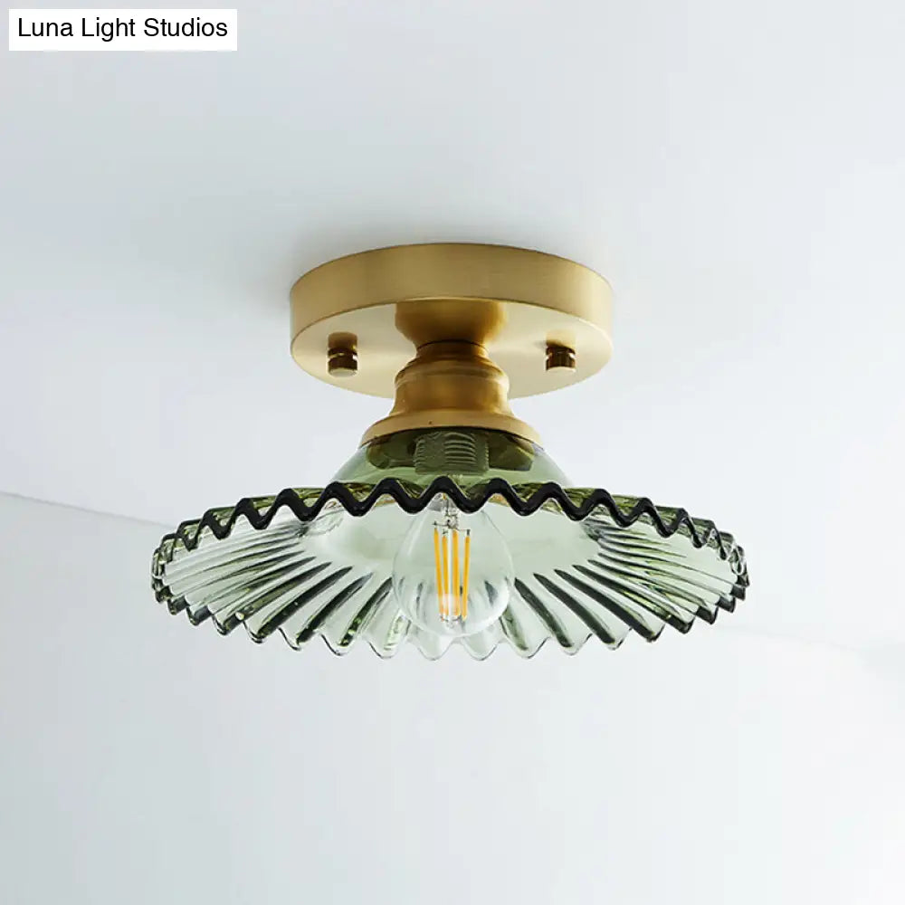 Single Brass Shaded Flushmount Bathroom Ceiling Light In Countryside Style / Wavy