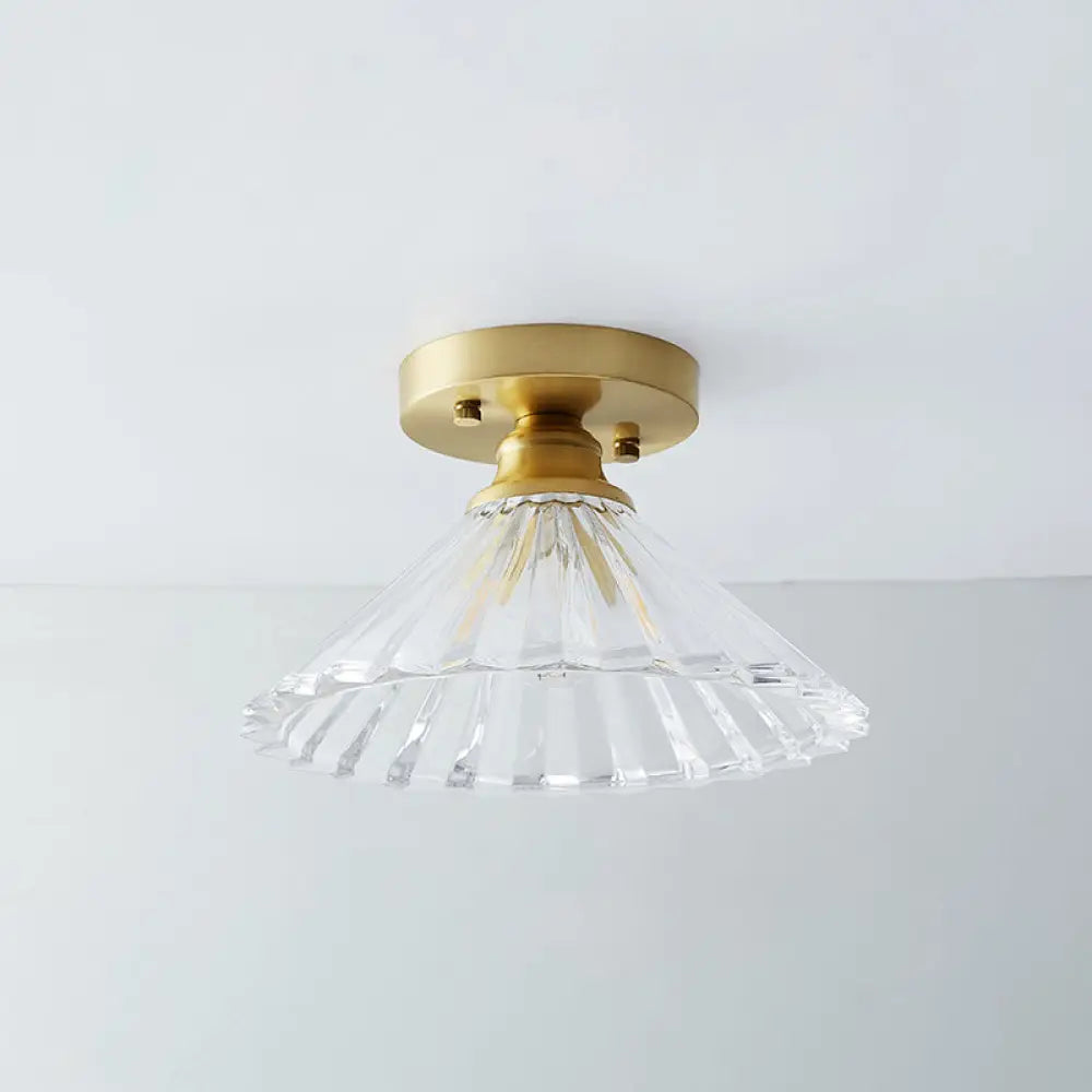 Single Brass Shaded Flushmount Bathroom Ceiling Light In Countryside Style / Cone
