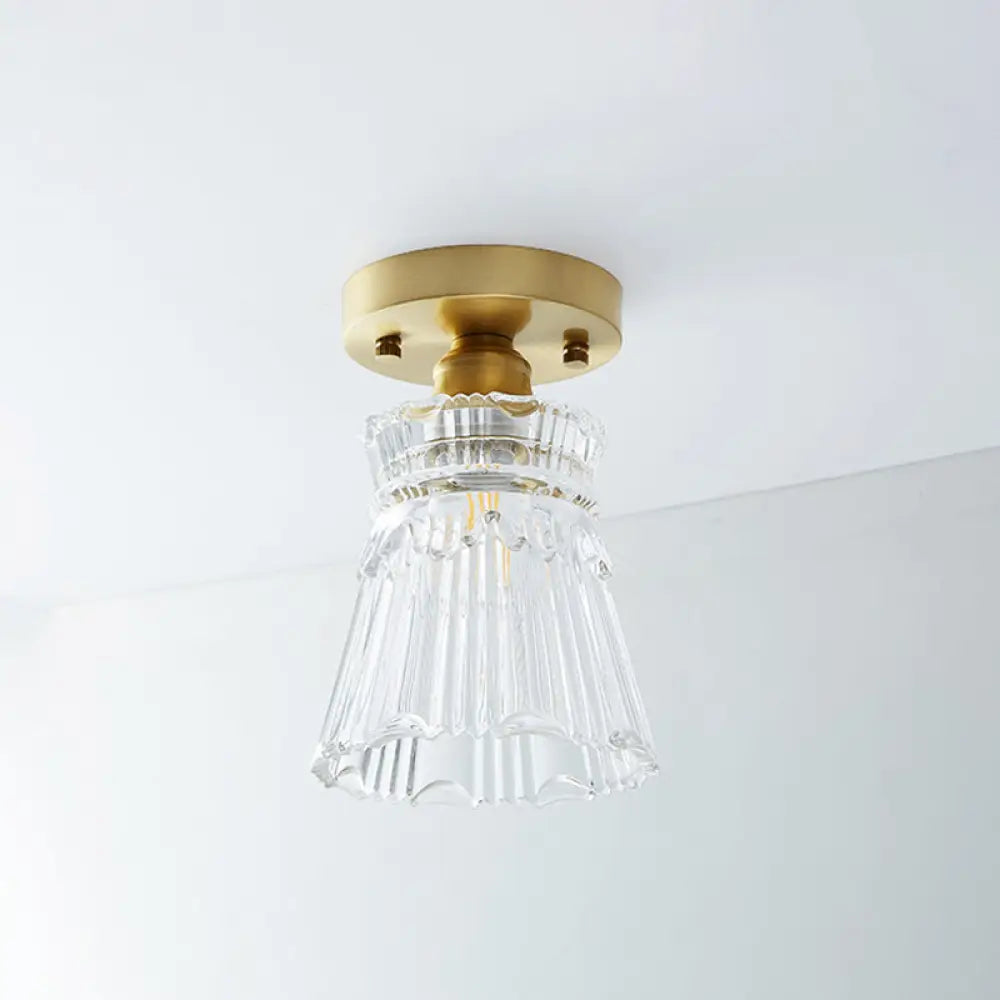 Single Brass Shaded Flushmount Bathroom Ceiling Light In Countryside Style / Flared