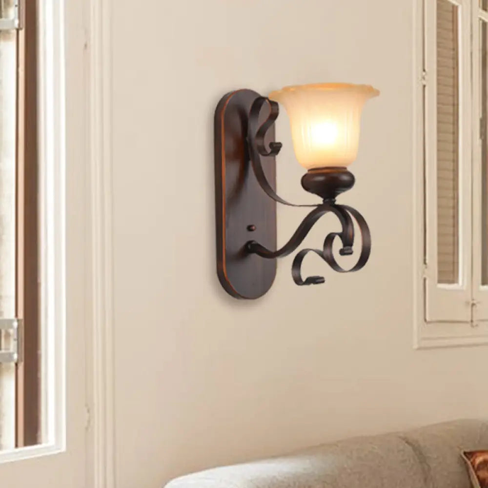 Single Bulb Brown Sconce Light With Countryside Frosted Glass Blossom Design And Scroll Arm - Wall