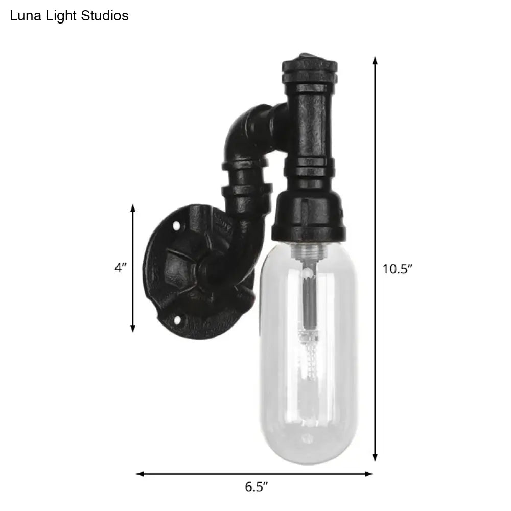 Single Bulb Industrial Wall Sconce With Clear Glass Shade And Black Pipe Mount