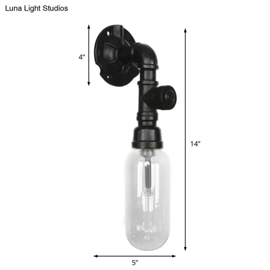 Single Bulb Industrial Wall Sconce With Clear Glass Shade And Black Pipe Mount