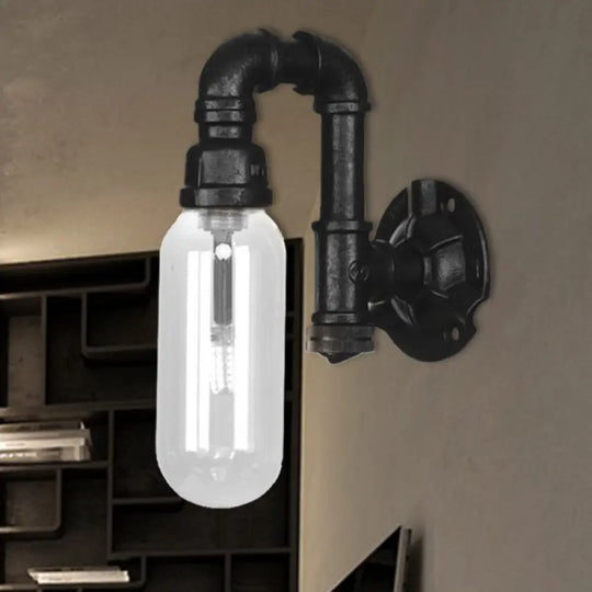 Single Bulb Industrial Wall Sconce With Clear Glass Shade And Black Pipe Mount / C