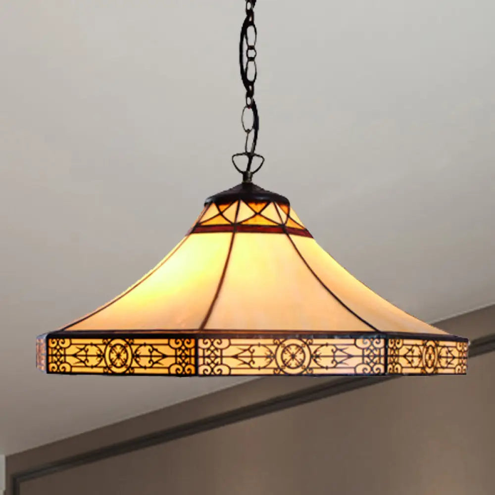 Single Bulb Stained Glass Tiffany-Style Cone Pendant Light In Beige For Living Room