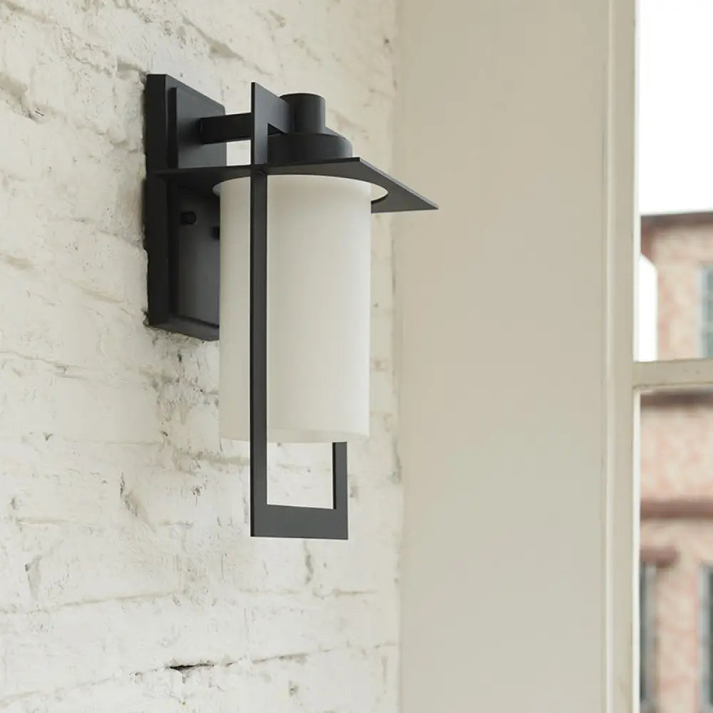 Single Bulb White Glass Wall Sconce In Black With Countryside Cylinder Design