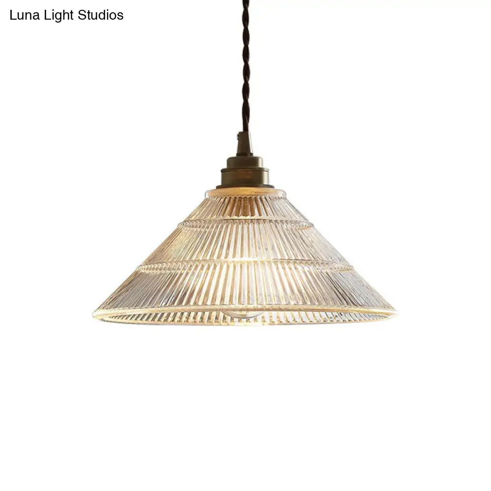 Single Clear Ribbed Glass Conical Ceiling Pendant Light For Industrial Décor