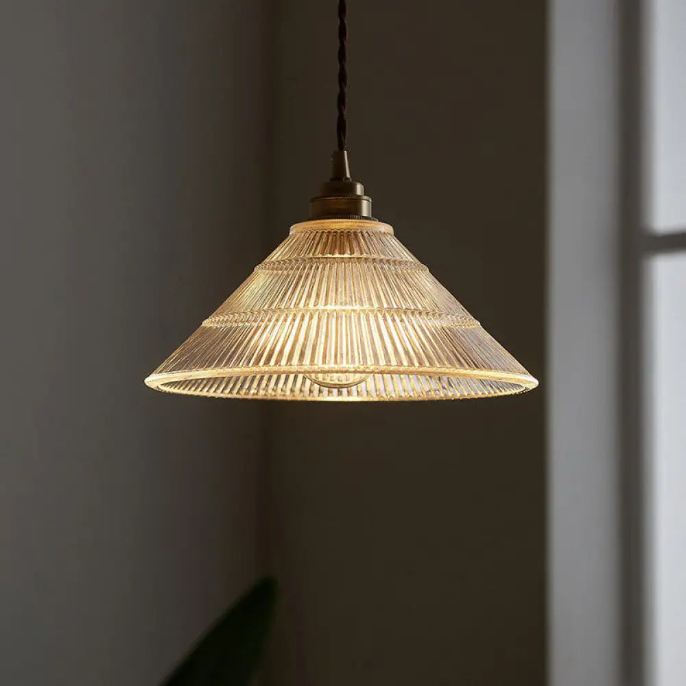Single Clear Ribbed Glass Conical Ceiling Pendant Light For Industrial Décor
