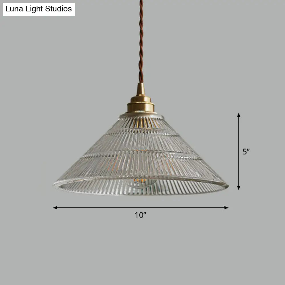 Single Clear Ribbed Glass Conical Ceiling Pendant Light For Industrial Décor