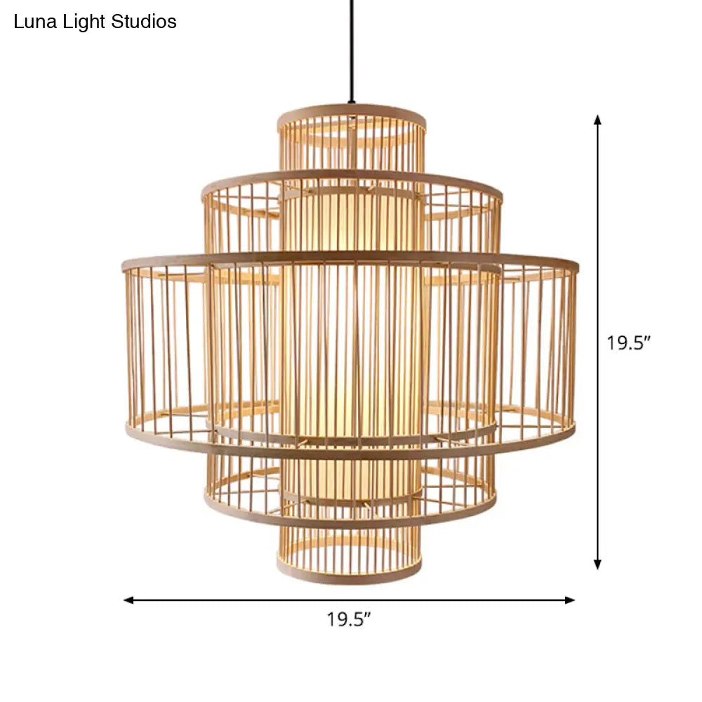 Single-Head Asian Bamboo Hanging Light For Restaurants - 3 Shades 16-31.5 Inches Wide Beige