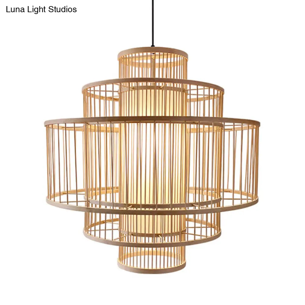 Bamboo 3-Shade Hanging Light: Asian Ceiling Pendant (1 Head) In Beige Available 16/23.5/31.5 Width