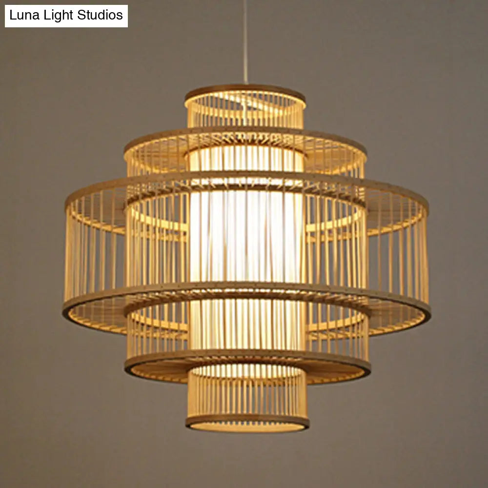Bamboo 3-Shade Hanging Light: Asian Ceiling Pendant (1 Head) In Beige Available 16/23.5/31.5 Width