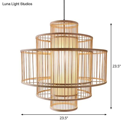 Bamboo 3-Shade Hanging Light: Asian Ceiling Pendant (1 Head) In Beige Available 16/23.5/31.5 Width