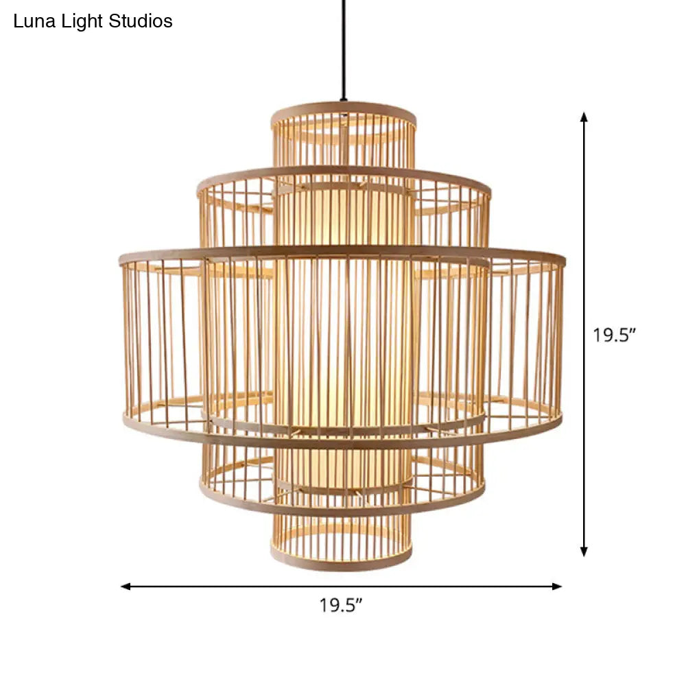 Bamboo 3-Shade Hanging Light: Asian Ceiling Pendant (1 Head) In Beige Available 16/23.5/31.5 Width