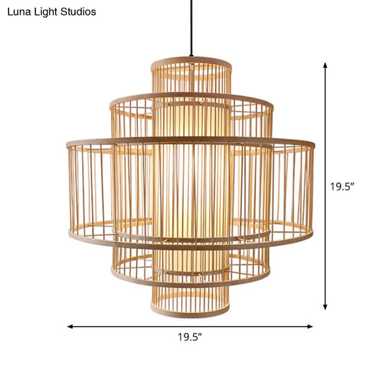 Bamboo 3-Shade Hanging Light: Asian Ceiling Pendant (1 Head) In Beige Available 16/23.5/31.5 Width